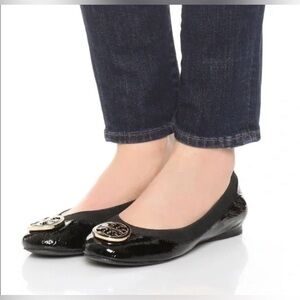 Tory Burch Black Patent Flats with Gold Emblem